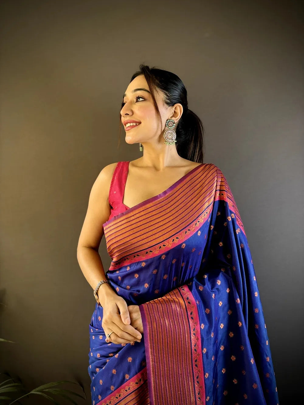 Paithani Silk Saree with Rich Copper Zari Weaving & Free Blouse (Blue)